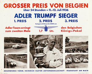 Belgian Grand Prix 1936 - Eleventh 24-hour race Spa-Francorchamps - Adler Trumpf racing cars winner
