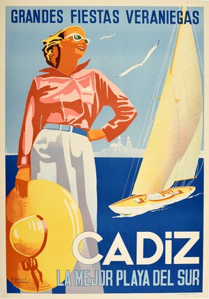 Great Summer Holidays Cadiz La Mejor Playa Del Sur (1950s) Spain Travel Poster