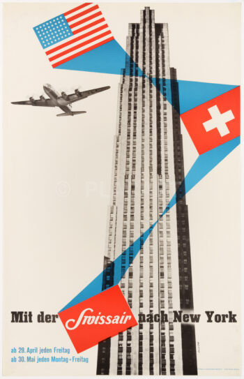 Original Vintage Swissair Poster By Swissair to New York DC-4 1949