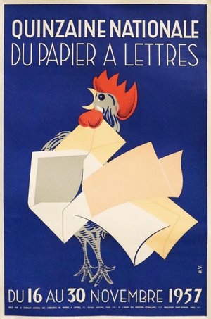 1957 French Exhibition Poster - Quinzaine Nationale du Papier à Lettres (Rooster)