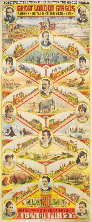 Great London Circus, Sangers Royal British Menagerie c1876. Colour litho in 3 sheets,-Positively very best show in whole world