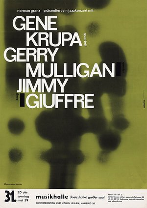 Norman Granz presents Gene Krupa - Gerry Mulligan - Jimmy Giuffre - jazz concert poster 1959