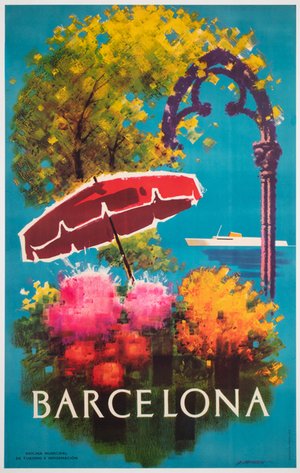 Barcelona Flowers 1950s Travel Advertising Poster