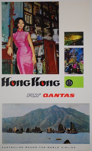 Hong Kong. Fly Qantas-c1970. Colour process lithograph,