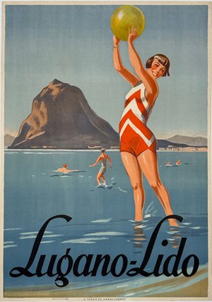 Lugano Lido Poster Original 1928 Vintage Swiss Stone Lithograph Inaugural Resort Advertisement Mount St Salvatore.