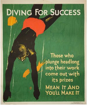 Diving For Success Original 1929 American Vintage Poster Mather Work Incentive Series Linen