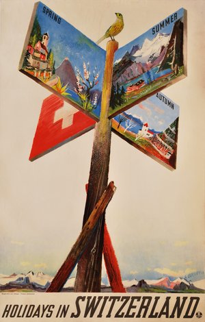 Holidays In Switzerland 1938. Colour process lithograph, signed and dated in image lower right. Ref-CL177-43