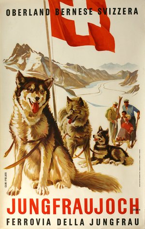 Original Jungfraujoch - Husky Dog Sled Vintage Poster